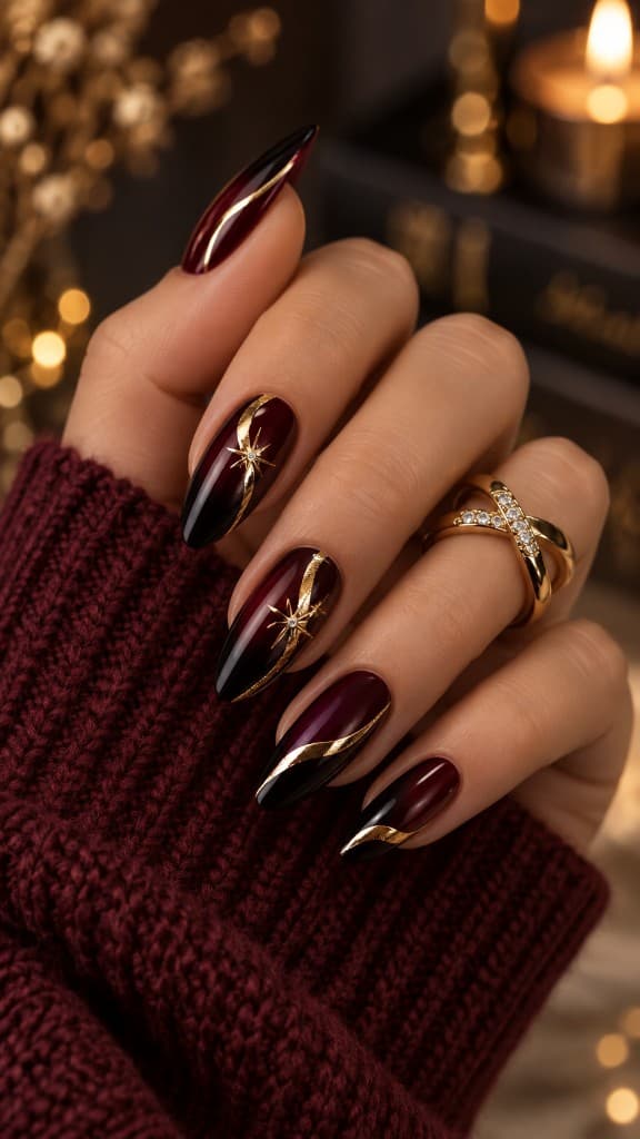 Na: bordeaux ombré nagels met goud