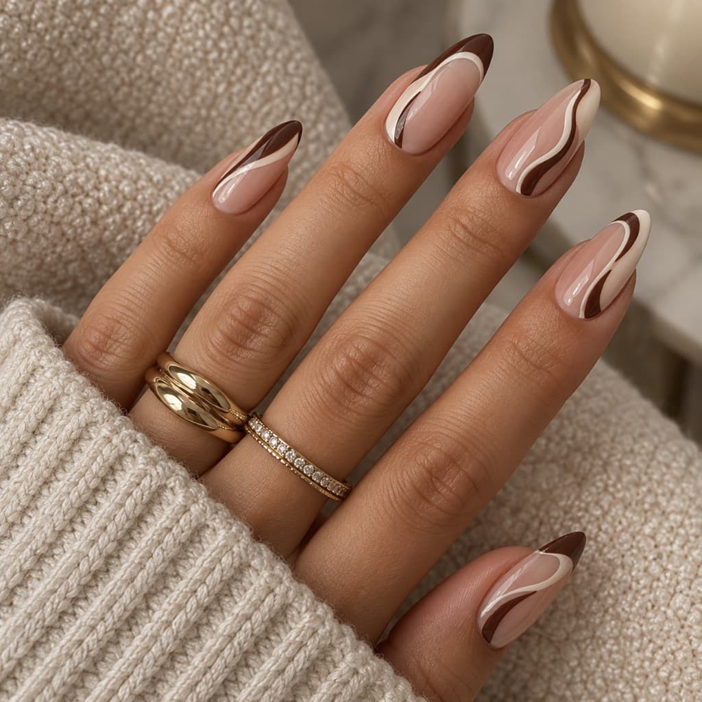 Na: abstracte nude nagels met golvende lijnen